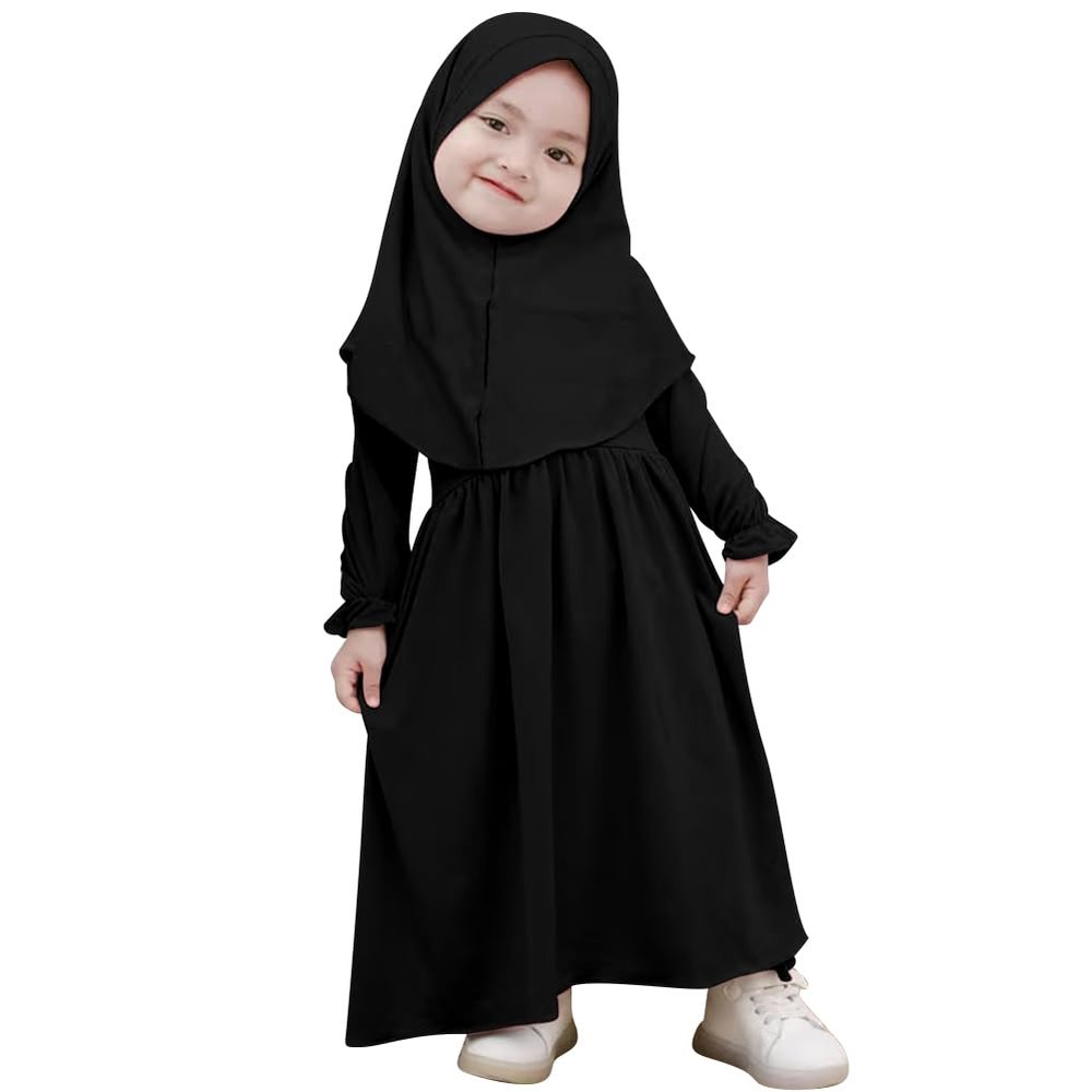 ABAFIP Baby Girl Muslim Dress Toddler Abaya Islamic Dubai Full Cover Kaftan Hijab Long Sleeve Prayer Dress 2 Piece Muslim Outfits Black 2-3 Years