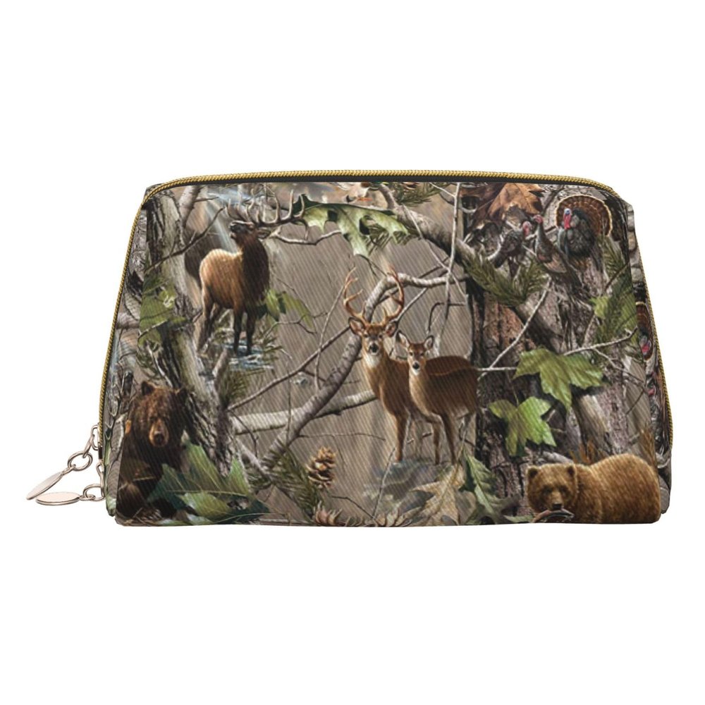 AMAZWI Hunting Deer Bear Elk Printed Leather Makeup Bag, Portable Travel Cosmetic Bag,Makeup Pouch Organizer Bag For Women, FRM212
