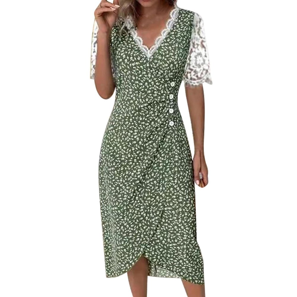 Beach Dresses for Women,2024 Summer Elegant V Neck Lace Patchwork Short Sleeve Midi Dress,Trendy Floral Print Boho Dress,Romantic Flowy Pleated Button Irregular Hem Hawaiian Dress(H-Green,L)