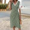 Beach Dresses for Women,2024 Summer Elegant V Neck Lace Patchwork Short Sleeve Midi Dress,Trendy Floral Print Boho Dress,Romantic Flowy Pleated Button Irregular Hem Hawaiian Dress(H-Green,L) view 2