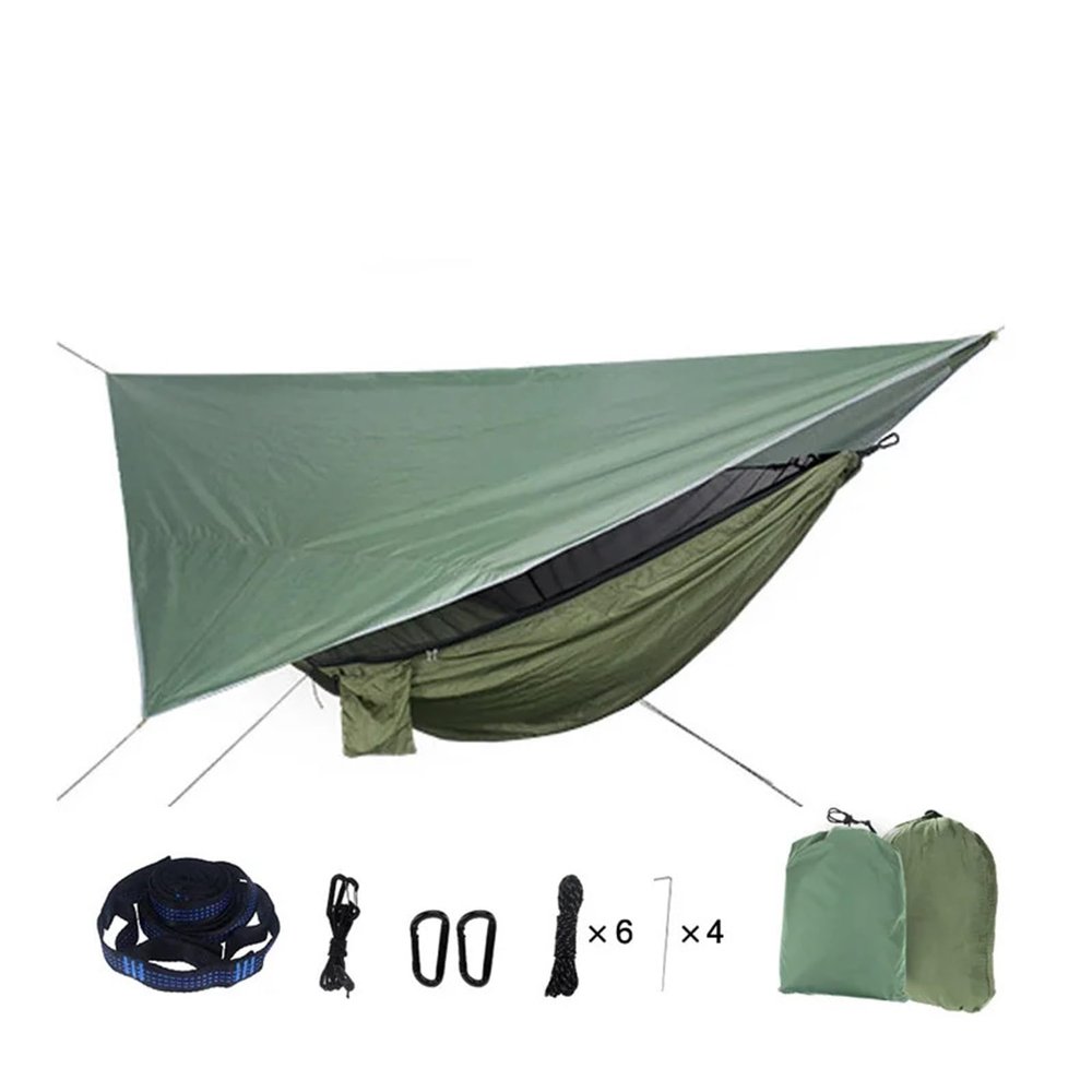 DINGHONG Camp Portable Mosquito Net Nylon Camping Hammock with Rain Fly Canopy Tarp for Outdoor Hanging Bed Sleeping Strong (Color : Green 1)