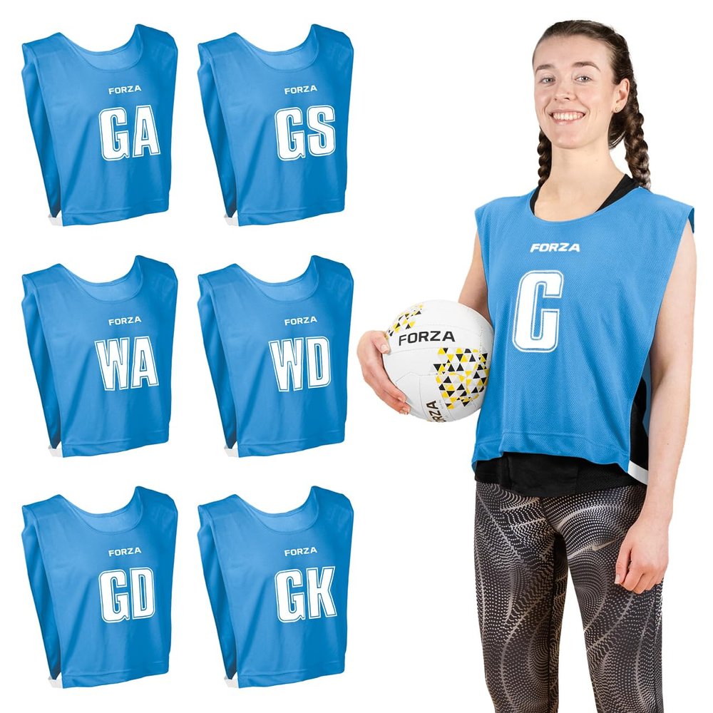 FORZA Pro Netball Bibs [7 Pack] | Full Netball Player Position Bib Pack Available in 7 Colors - Ideal for Schools & Clubs (Blue, Small)