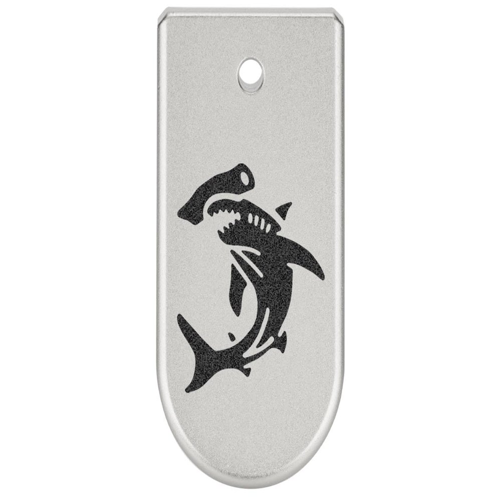 NDZ Performance Magazine Base Plate Finger Extension for Glock 43X 48 9mm Laser Engraved Anodized Aluminum in Silver, Made in The USA - Hammerhead Shark