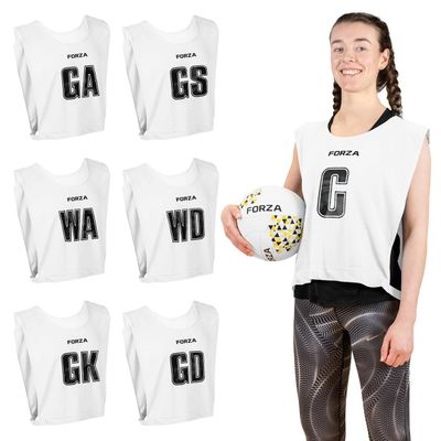 FORZA Pro Netball Bibs [7 Pack] | Full Netball Player Position Bib Pack Available in 7 Colors - Ideal for Schools & Clubs (White, Medium)