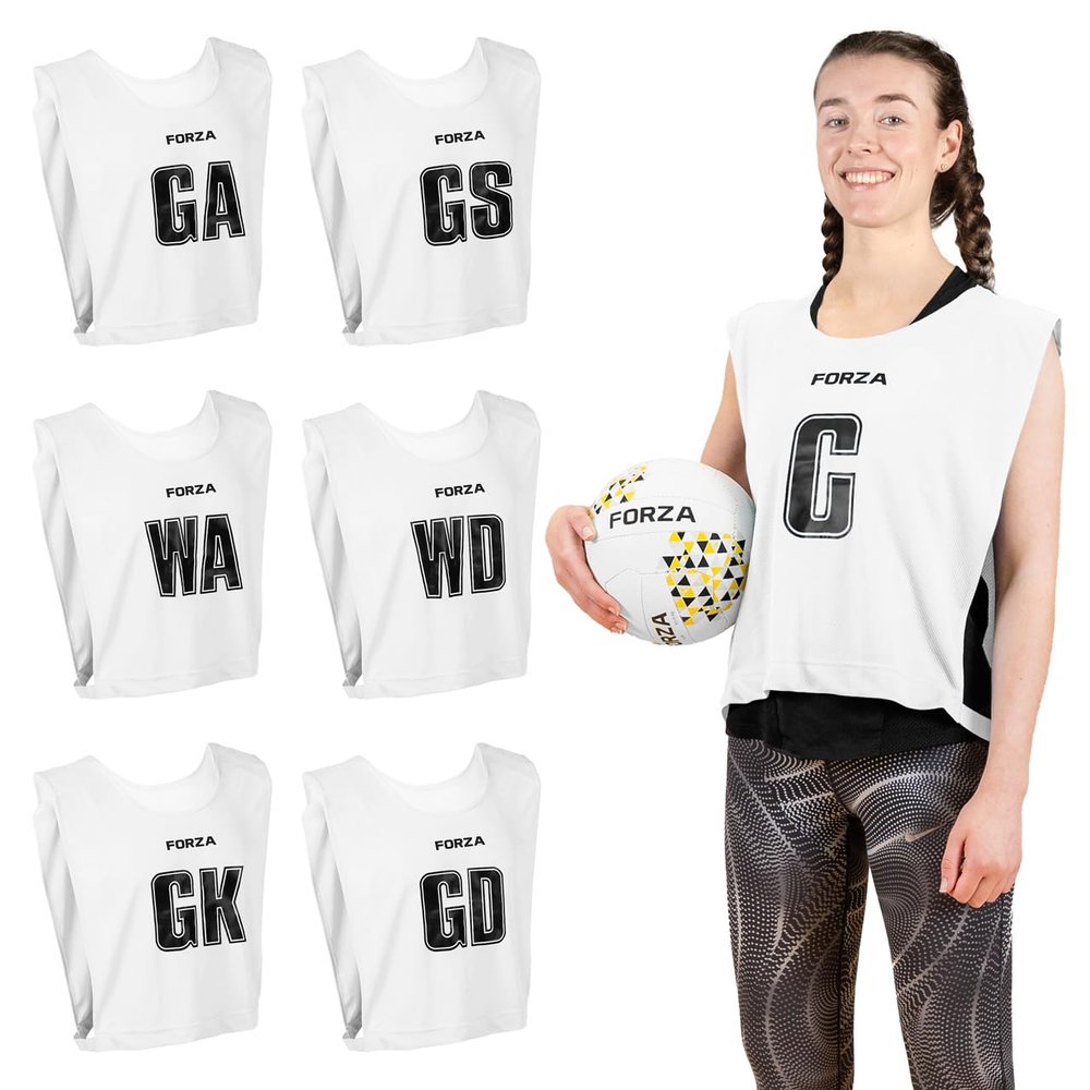 FORZA Pro Netball Bibs [7 Pack] | Full Netball Player Position Bib Pack Available in 7 Colors - Ideal for Schools & Clubs (White, Medium)