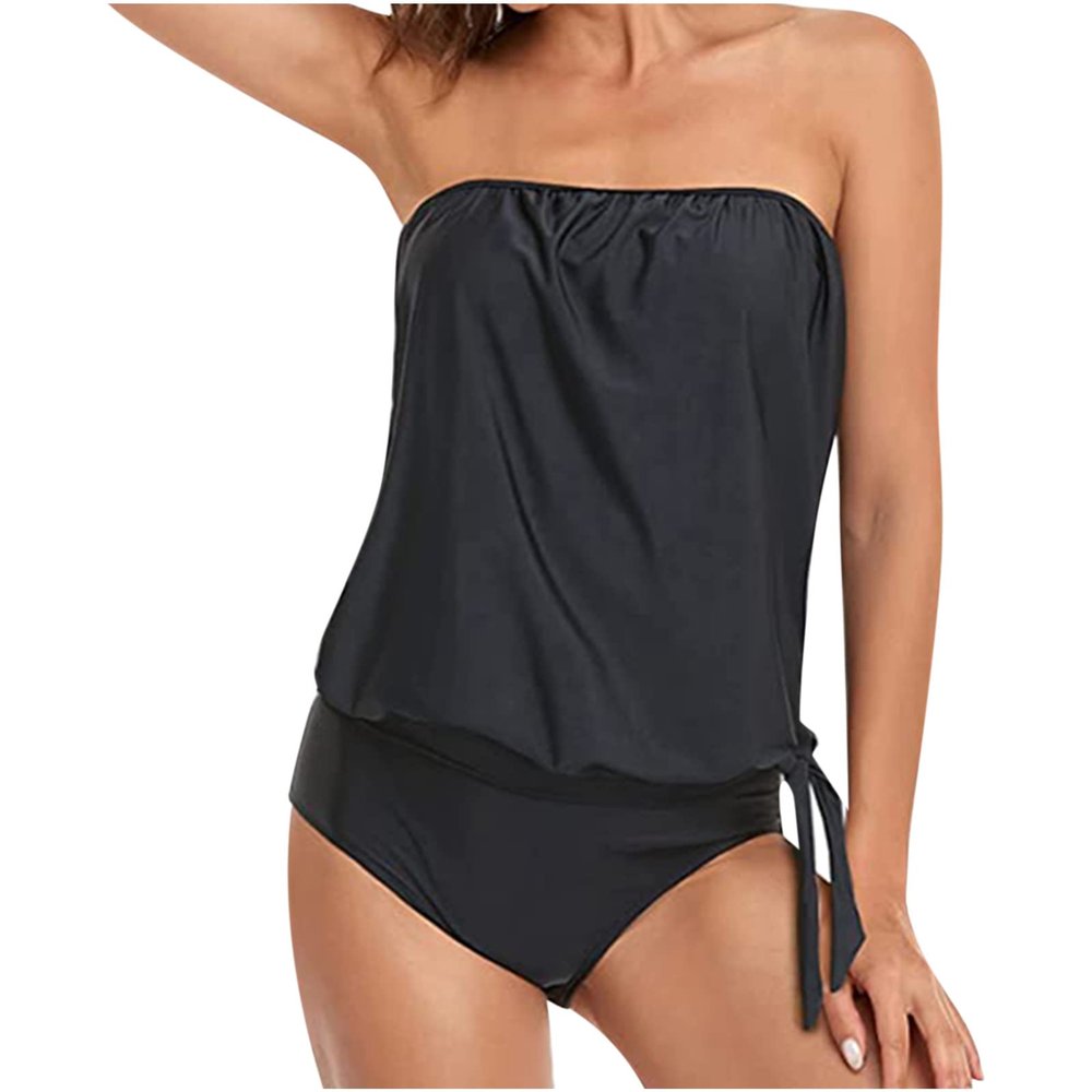tuduoms Beachwear Women Summer Women's Blouson Bandeau Swimsuits Strapless Swim Tankini Top Tummy Control Bathing Suits with Bikini Bottoms Swimwear