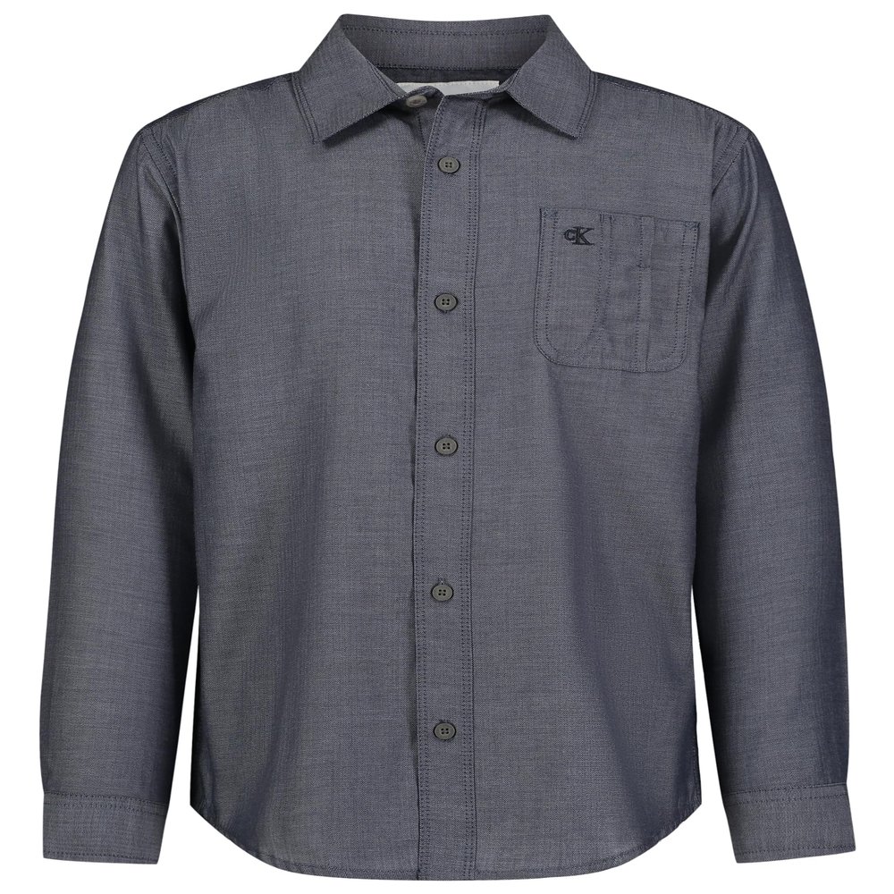 Calvin Klein Boys' Long Sleeve Woven Button-Down Shirt, Dark Sapphire Herringbone, 10-12