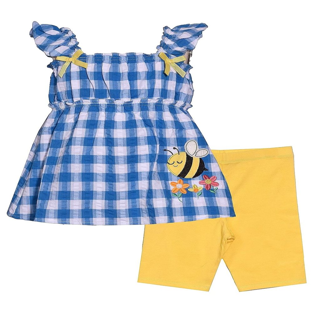 Bonnie Jean Girls Size 12M-6X Seersucker Applique Top Knit Short Set (Blue-Bee, 4)