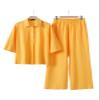 Women 2 Piece Cotton Linen Outfits Casual Loose 3/4 Sleeve Button Tops High Waist Wide Leg Pants Suit with Pockets view 3
