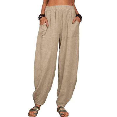 Akivide Womens Linen Plus Size High Elastic Waist Harem Pants Casual Loose Baggy Solid Comfy Pants Trousers with Pockets Khaki