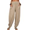 Akivide Womens Linen Plus Size High Elastic Waist Harem Pants Casual Loose Baggy Solid Comfy Pants Trousers with Pockets Khaki