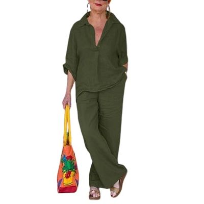 Women 2 Piece Cotton Linen Outfits Casual Loose 3/4 Sleeve Button Tops High Waist Wide Leg Pants Suit with Pockets