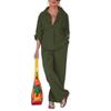 Women 2 Piece Cotton Linen Outfits Casual Loose 3/4 Sleeve Button Tops High Waist Wide Leg Pants Suit with Pockets view 1