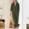 Women 2 Piece Cotton Linen Outfits Casual Loose 3/4 Sleeve Button Tops High Waist Wide Leg Pants Suit with Pockets view 2