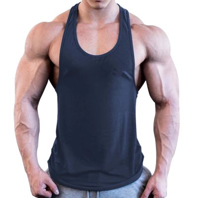 ZUEVI Mens Stringer Tank Tops Y-Back Bodybuilding Muscle Cut T-Shirts Gym Fitness Tee Shirts(Navy Blue-L)