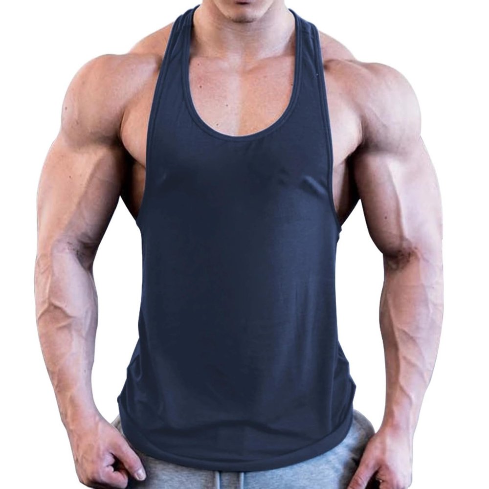 ZUEVI Mens Stringer Tank Tops Y-Back Bodybuilding Muscle Cut T-Shirts Gym Fitness Tee Shirts(Navy Blue-L)