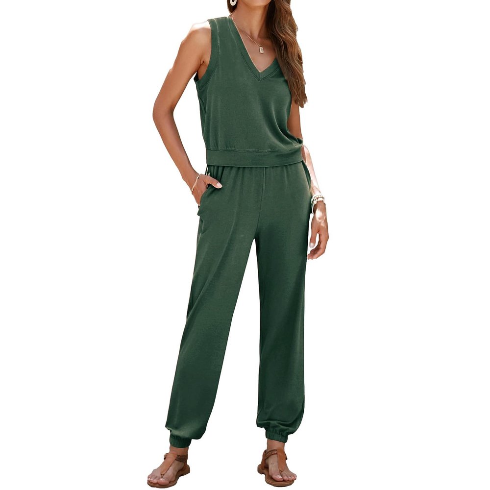 Summer Women's Casual Sportswear Set - Long Pants with Sleeveless V-Neck Top for Activities - Stylish & Functional Army Green