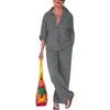 Women 2 Piece Cotton Linen Outfits Casual Loose 3/4 Sleeve Button Tops High Waist Wide Leg Pants Suit with Pockets view 1