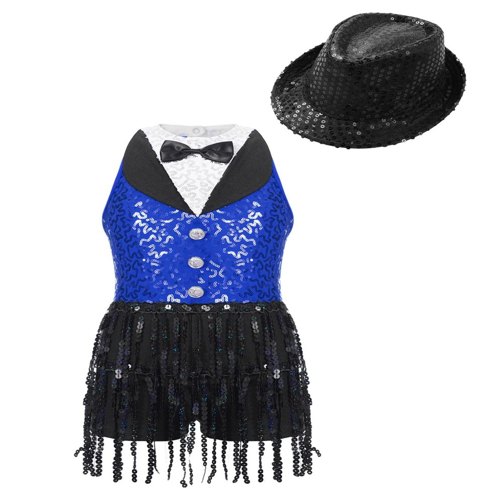 ACSUSS Sleeveless Jazz Dance Dress for Kids Girls Sequin Tap Latin Ballroom Dance Dress Performance Costume and Hat Blue Black B 16 Years