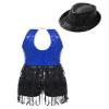 ACSUSS Sleeveless Jazz Dance Dress for Kids Girls Sequin Tap Latin Ballroom Dance Dress Performance Costume and Hat Blue Black B 16 Years view 2