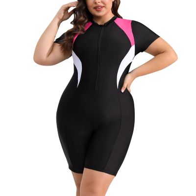 ABOCIW Plus Size One Piece Rash Guard for Women Short Sleeve Boyleg Swimsuit Zipper UPF 50+ Surfing Bathing Suit Modest Tummy Control Tankini Swimwear Black + White + Pink 4XL