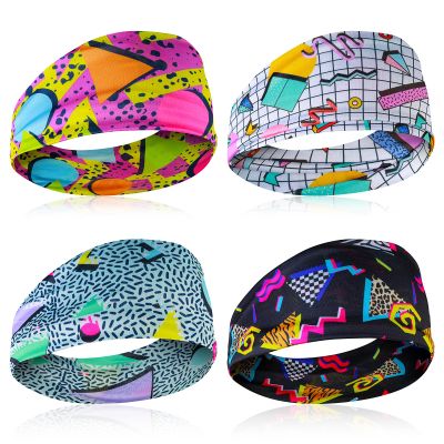 4Pcs 80s 90s Vintage Headbands Retro Soft Sport Sweatbands Boho Neon Headband Universal Workout Wweatband for Men and Women for Hiking Cycling Party Travel Party Running Fitness