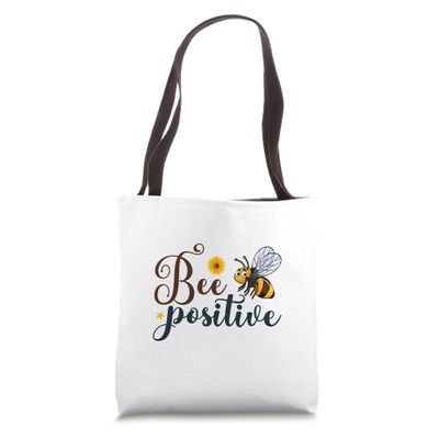 Bee Positive Happy Flower And Bee Cute Insect Pun Print Tote Bag