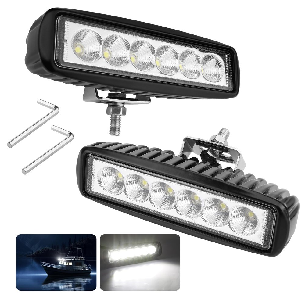 RVZONE Waterproof Led Boat Lights, 18W LED Spreader Lights 1200LM 120Flood Light, 6.3in Deck Dock Marine Led Lights Bar, Pack of 2, White Housing (Flood Light/Black Housing)