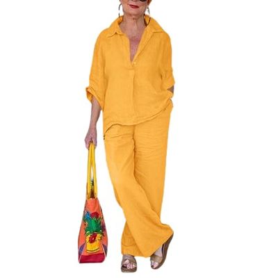 Women 2 Piece Cotton Linen Outfits Casual Loose 3/4 Sleeve Button Tops High Waist Wide Leg Pants Suit with Pockets