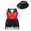 ACSUSS Sleeveless Jazz Dance Dress for Kids Girls Sequin Tap Latin Ballroom Dance Dress Performance Costume and Hat Red&Black B 8 Years view 1