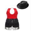 ACSUSS Sleeveless Jazz Dance Dress for Kids Girls Sequin Tap Latin Ballroom Dance Dress Performance Costume and Hat Red&Black B 8 Years view 2
