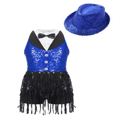 ACSUSS Sleeveless Jazz Dance Dress for Kids Girls Sequin Tap Latin Ballroom Dance Dress Performance Costume and Hat Royal Blue B 16 Years