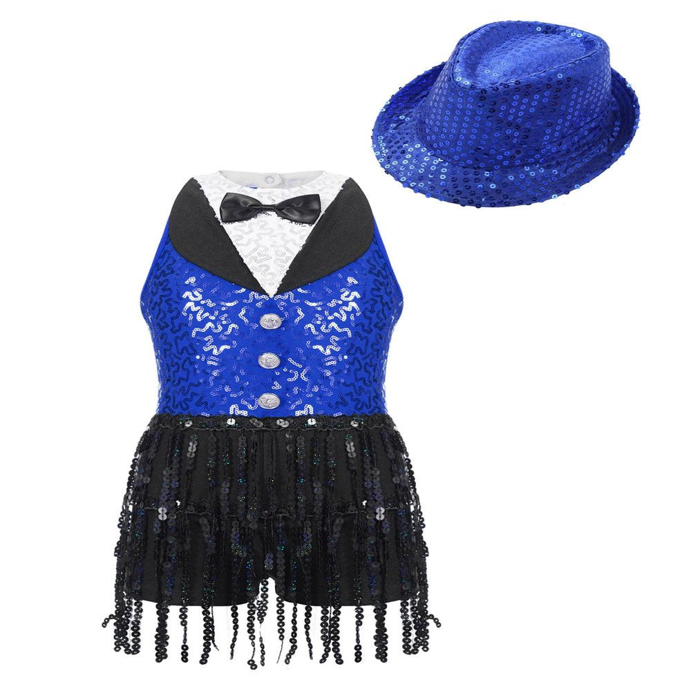 ACSUSS Sleeveless Jazz Dance Dress for Kids Girls Sequin Tap Latin Ballroom Dance Dress Performance Costume and Hat Royal Blue B 16 Years