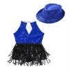 ACSUSS Sleeveless Jazz Dance Dress for Kids Girls Sequin Tap Latin Ballroom Dance Dress Performance Costume and Hat Royal Blue B 16 Years view 4