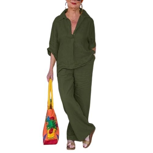 Women 2 Piece Cotton Linen Outfits Casual Loose 3/4 Sleeve Button Tops High Waist Wide Leg Pants Suit with Pockets