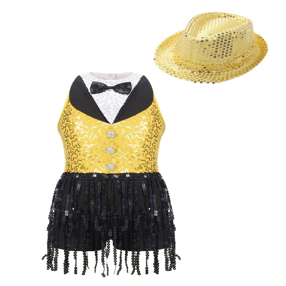 ACSUSS Sleeveless Jazz Dance Dress for Kids Girls Sequin Tap Latin Ballroom Dance Dress Performance Costume and Hat Gold B 12 Years