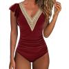 Akklian Women's Ruffled One Piece Swimsuit Tummy Control Bathing Suits V Neck Modest Swimwear Fashion Slimming Swim Suit Wine view 1