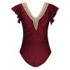 Akklian Women's Ruffled One Piece Swimsuit Tummy Control Bathing Suits V Neck Modest Swimwear Fashion Slimming Swim Suit Wine view 4