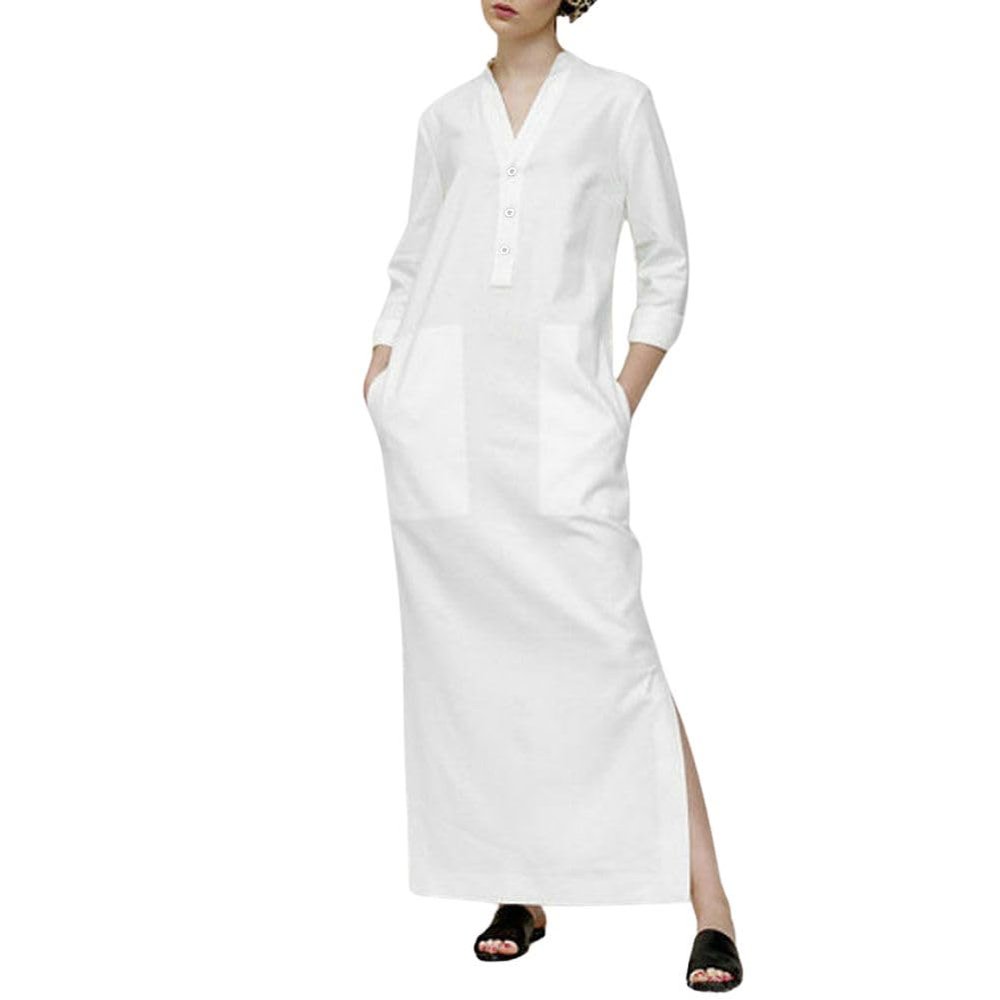 chouyatou Women's Cotton Linen Button Up Maxi Shirt Dress Side Slit Long Sleeve Shift Dress with Pockets (Large, White)