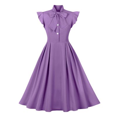 50s Dresses for Women Vintage Tea Dresses Cocktail Party Dress Bow Tie Work Church Casual Dress Rockabilly Retro Dress Prom Party A-Line Wedding Guest Midi Dress Purple Cap Sleeve Dress M