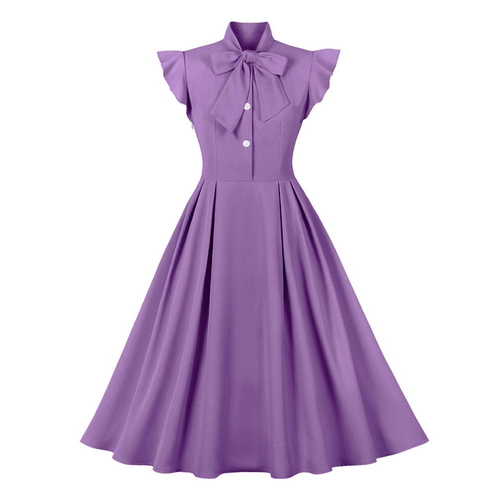50s Dresses for Women Vintage Tea Dresses Cocktail Party Dress Bow Tie Work Church Casual Dress Rockabilly Retro Dress Prom Party A-Line Wedding Guest Midi Dress Purple Cap Sleeve Dress M