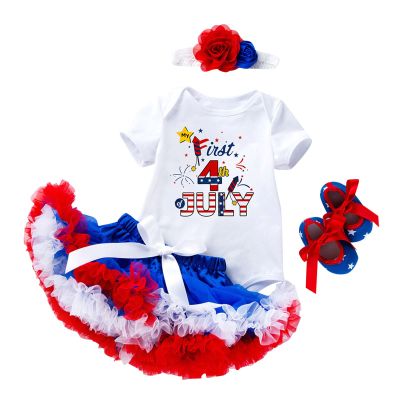 4th of July Baby Girl Birthday Outfit American Romper+Ruffle Tulle Skirt+Headband+Shoes Independence (White, 6-9 Months)