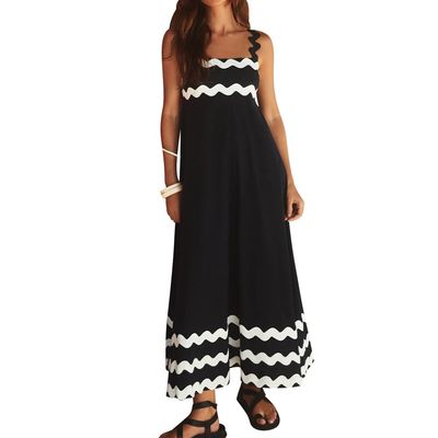 ABEWIP Summer Dresses for Women 2024 Rickrack Trim Spaghetti Straps Smocked Boho Flowy Loose A-Line Maxi Dress Black L