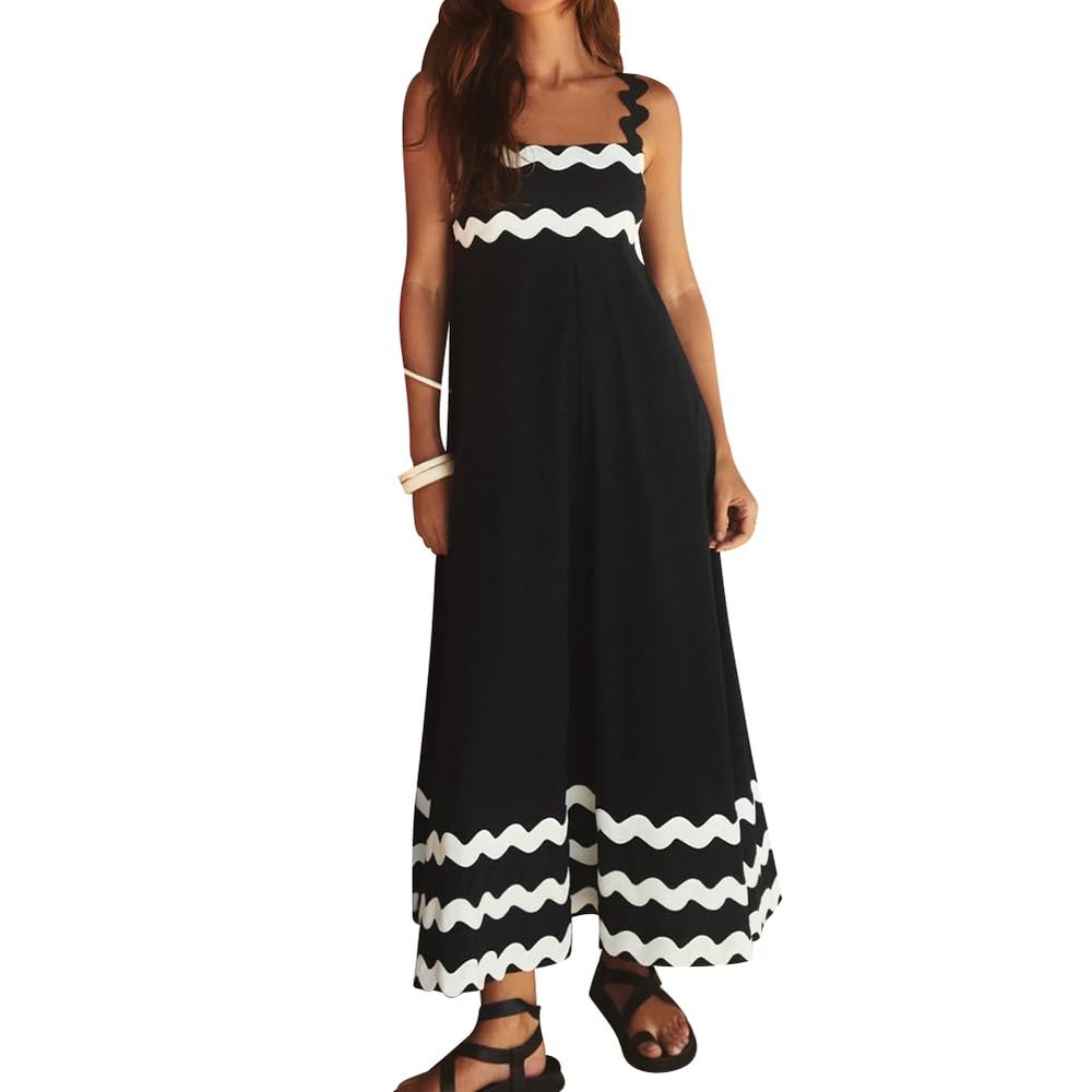 ABEWIP Summer Dresses for Women 2024 Rickrack Trim Spaghetti Straps Smocked Boho Flowy Loose A-Line Maxi Dress Black L