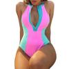 OBEEII One Piece Swimsuit for Women Tummy Control High Neck Zipper Front Swimsuit Color Block Bathing Suit Rash Guard Surfing Beachwear Monokini 80s 90s Swimsuit Pink S view 1