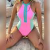 OBEEII One Piece Swimsuit for Women Tummy Control High Neck Zipper Front Swimsuit Color Block Bathing Suit Rash Guard Surfing Beachwear Monokini 80s 90s Swimsuit Pink S view 4