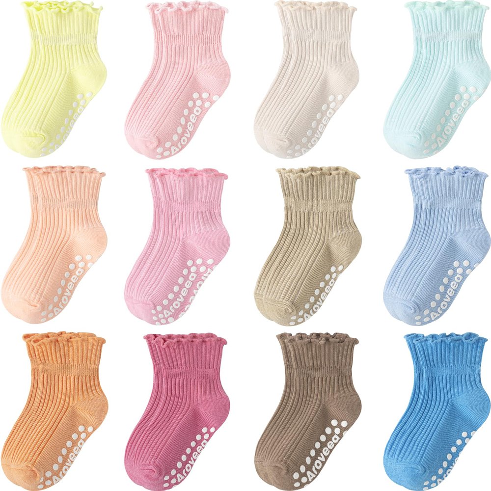 Aroveea Baby Toddler Socks Grip Non Slip Boys Girls Cotton 12 Pack for 1-3T Kids Ankle Cute Socks 6M-7Years