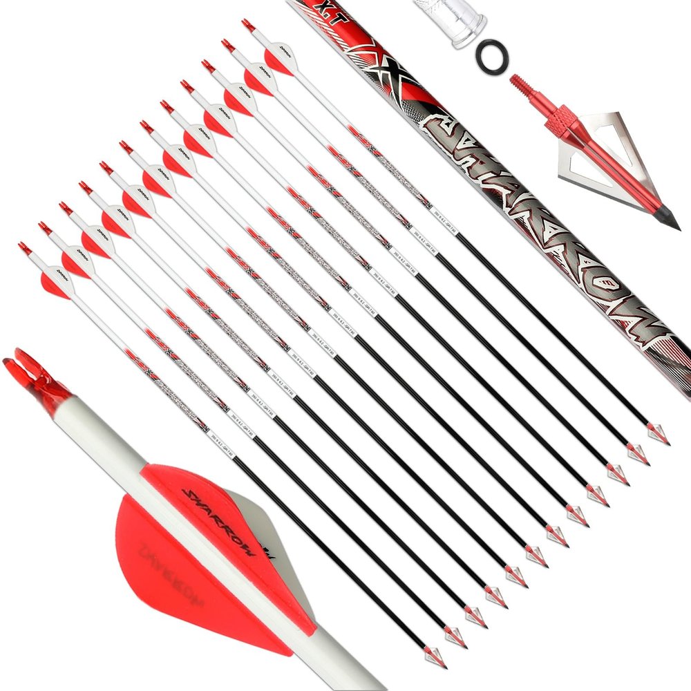 32Inch 100% Pure Carbon Arrow - Pure Carbon Professional Hunting Arrows, .003 Standard Straightness, for Compound Bow with 100 Grain Hunting Broadheads Tips (12, Red & White Vanes, Spine 700)