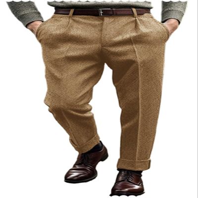Men's Classic Herringbone Tweed Dress Pants Casual Suit Pants for Men Khaki