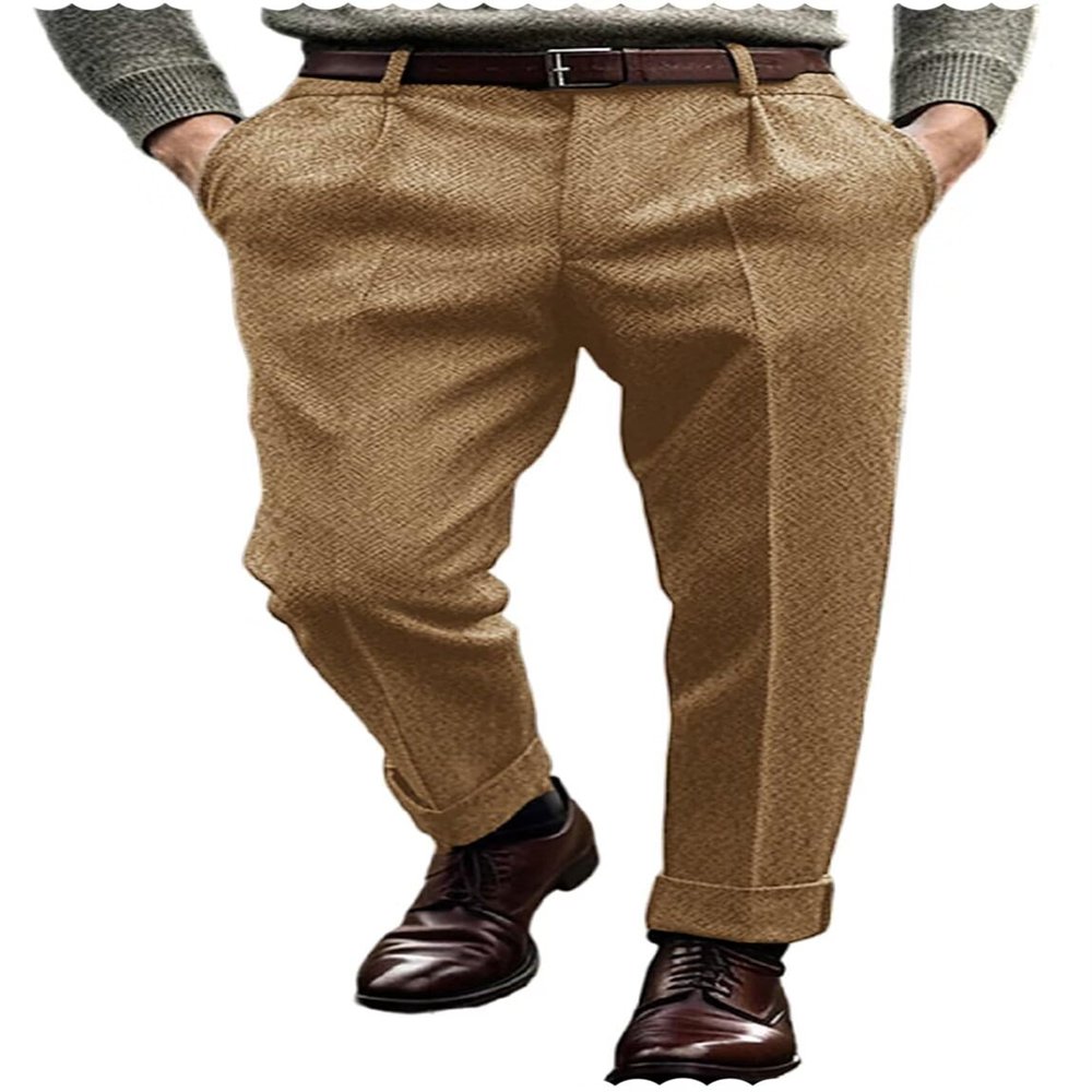 Men's Classic Herringbone Tweed Dress Pants Casual Suit Pants for Men Khaki